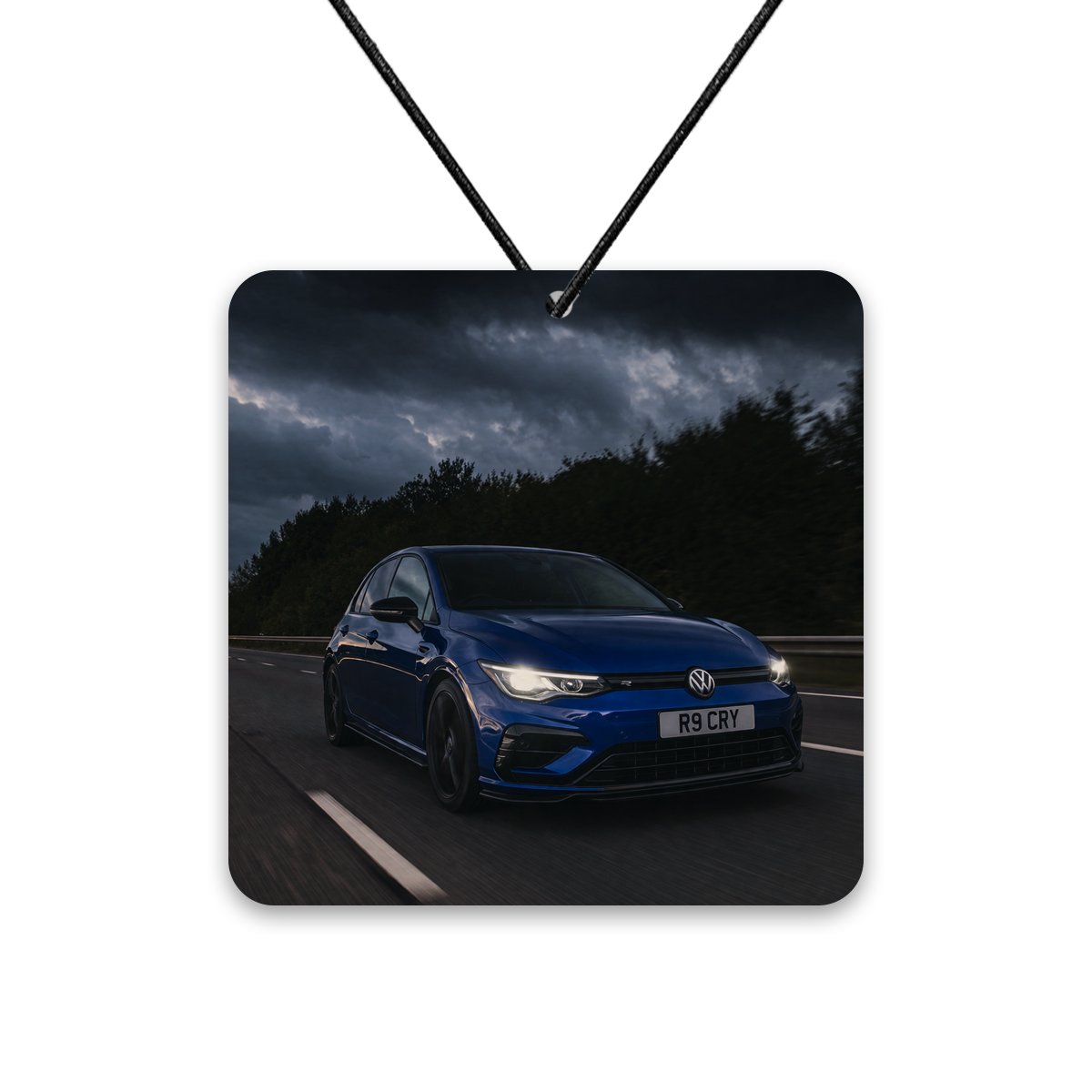 Custom photo air freshener with blue Volkswagen Golf GTI, personalized car air freshener showing blue sports car on the road, car lover gift