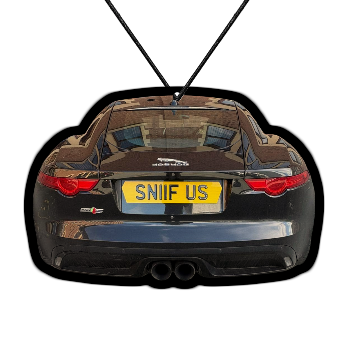 Custom cut-to-shape air freshener featuring a black Jaguar with the iconic "SNIIF US" private number plate. Personalised photo car air freshener for UK car enthusiasts.